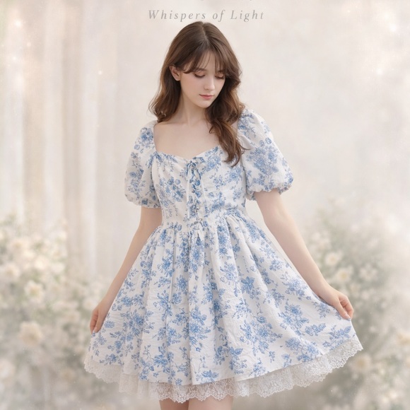Cider Dresses & Skirts - 🌿 CIDER Cottage Core Blue Toile Floral Puff Sleeve Mini Dress 2XL